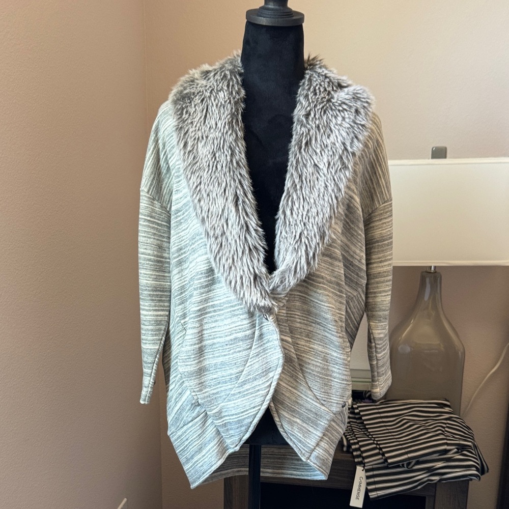 Armani Exchange Striped Cardigan with Faux Fur Collar
